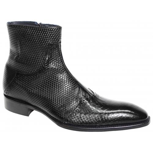 Duca Di Matiste "Lavello" Black Genuine Italian Calfskin Snake Print Ankle Boots.